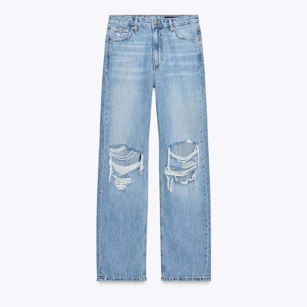 Zara High Rise Wide Leg Ripped Light Wash Jeans - Blogger Favourite 0